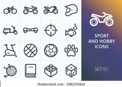 Sport and hobbies icons set. Set of bike, sports equipment, ATV, fishing, hunting, needlework, gyroscooter, games icons.