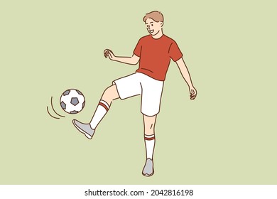 Sport hobby and active lifestyle concept. Young smiling man boy cartoon character kicking ball playing soccer in sportswear vector illustration 