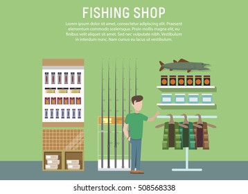 Sport or hobby fishing shop interior. Supermarket with fish catching accessories or items. Fish equipment like float and hook, fishing rod or spinner. Mall or store, shop banner or logo