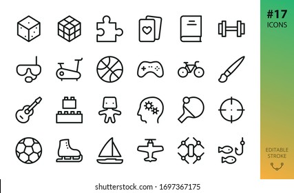 Sport, hobby, games isolated icons set. Set of board game dice, puzzle piece, gym, fitness, diving mask, controller pad, bike, guitar instrument, drone, model kit, ping pong outline vector icon