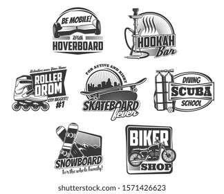 Sport Hobby, Leisure Activity And Entertainment Icons. Vector Scuba Diving School, Biker Shop And Hookah Bar Signs, Hoverboard, Rollerdrom And Professional Skateboarding Or Snowboarding Club Symbols