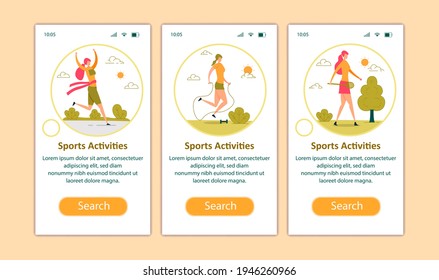 Sport Hobby, Weight Loss Mobile App Page Onboard Screen Set. Young Athlete Woman Running Marathon, Exercise with Jumping Rope, Playing Badminton. Outdoor Activity. Cartoon Flat Vector Illustration