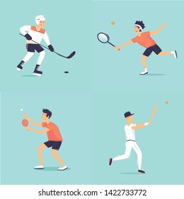 Sport. Hockey, tennis, ping pong, baseball. Flat design vector illustration.
