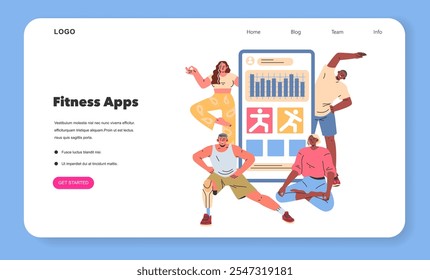 Sport at Home concept. An engaging landing page design featuring diverse individuals using fitness apps for home workouts. Health, technology, and exercise blend seamlessly. Vector illustration.