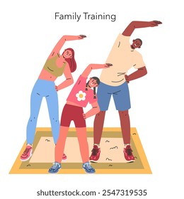 Sport at Home concept. Family members engage in a workout session at home, promoting a healthy lifestyle. Encouraging fitness and bonding together. Vector illustration.