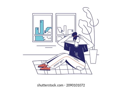 El deporte en casa en diseño de línea plana para banner web. Mujeres estirando y haciendo ejercicios para el programa de entrenamiento. Actividad física escena de gente moderna. Ilustración del vector en el estilo gráfico de contorno