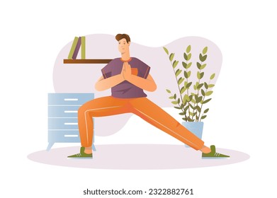 Sport at home concept with people scene in the flat cartoon design. A man does sports to keep his body in good shape. Vector illustration.