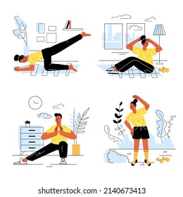 Sport at home concept set in flat line design. Men and women doing sport activity and training workout. People doing exercises and practicing yoga. Vector illustration with outline colorful web scenes