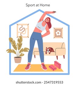 Sport at Home concept. Woman doing side stretches in a cozy living room with an attentive dog. Home workout routine. Vector illustration.