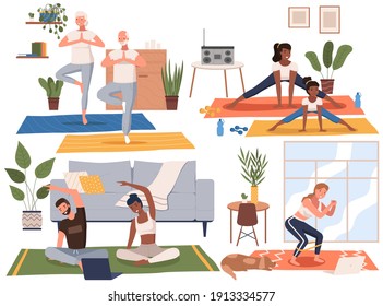 Sport at home scenes set. Training during quarantine. People go in for sports in apartment. Stay home concept. Man and woman doing yoga and stretching together. Vector illustration in flat style