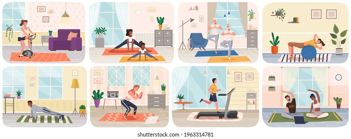 Sport at home scenes set. Young people and elderly couple training during quarantine. Persons go in for sports in apartment. Stay home concept. Man and woman doing exercise. Gymnastics practice