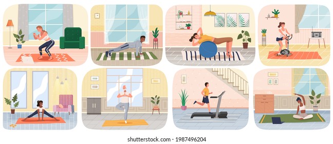 Sport at home scenes set. Young people and elderly couple training during quarantine. Persons go in for sports in apartment. Stay home concept. Man and woman doing exercise. Gymnastics practice