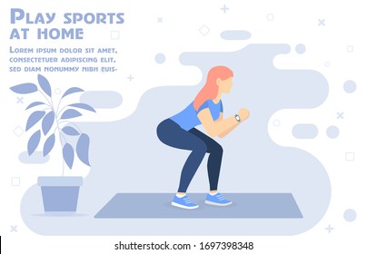 
Sport at home. Squat. Girl go in for sports.Stay home concept. People doing exercise. Vector illustration in flat style.