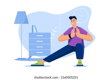 Sport at home web concept in flat design. Man doing stretching and morning fitness workout. Active sportive guy doing exercises at room. Healthy lifestyle and body care training. Vector illustration