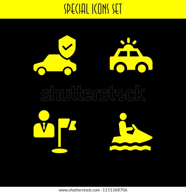 sport icon. 4 sport set with\
watercraft silhouette, car and goal vector icons for web and mobile\
app