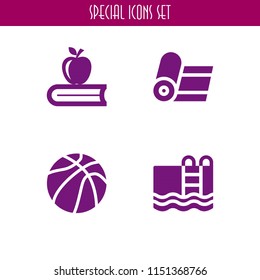 sport icon. 4 sport set with yoga, ball of basketball, class and swimming pool vector icons for web and mobile app