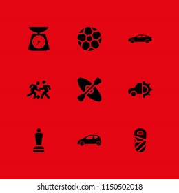 sport icon. 9 sport set with ball, sleeping bag, sedan car model and weight vector icons for web and mobile app