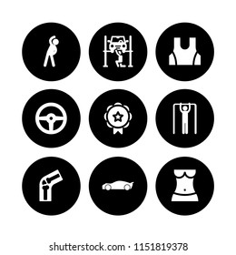 sport icon. 9 sport set with exercise, body, car and medal vector icons for web and mobile app