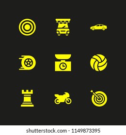 sport icon. 9 sport set with volleyball, target, sedan car model and racing vector icons for web and mobile app