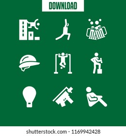 sport icon. 9 sport vector set. hot air balloon, cheers, stretching and exercise icons for web and design about sport theme