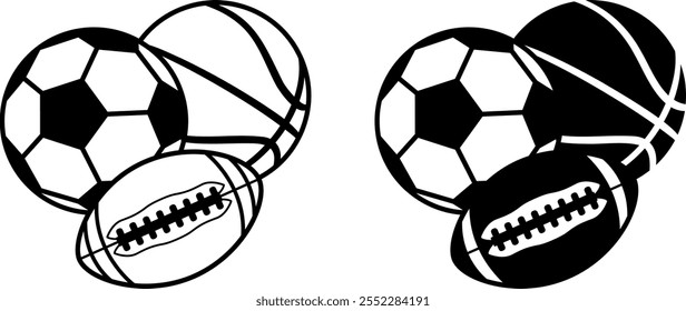 Sport Icon. Black and White Vector Illustration. Basketball and Football Balls. Sports Equipment, Sports Games