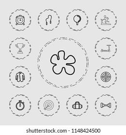 Sport icon. collection of 13 sport outline icons such as barbell, jacket, paintball, stopwatch, skipping rope, golf ball, target. editable sport icons for web and mobile.