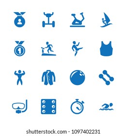 Sport icon. collection of 16 sport filled icons such as exercise bike, jacket, bowling ball, stopwatch, bodybuilder, surfing. editable sport icons for web and mobile.