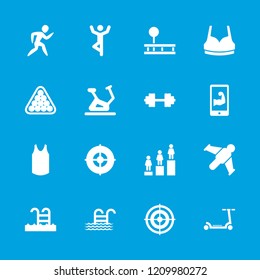 Sport icon. collection of 16 sport filled icons such as exercise bike, billiards, ranking, swimming pool, muscular arm  on phone. editable sport icons for web and mobile.
