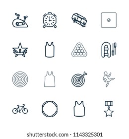 Sport icon. collection of 16 sport outline icons such as lottery, singlet, inflatable boat, hoop, 1st place star, exercise bike. editable sport icons for web and mobile.