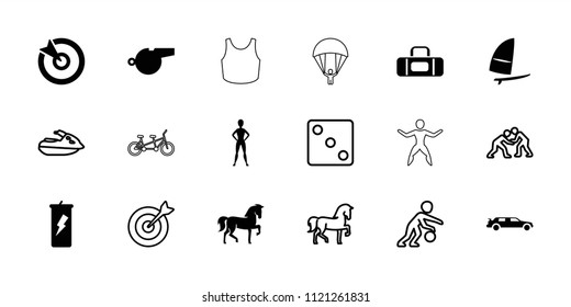 Sport icon. collection of 18 sport filled and outline icons such as horse, car, whistle, windsurfing, dice, protein powder, target. editable sport icons for web and mobile.