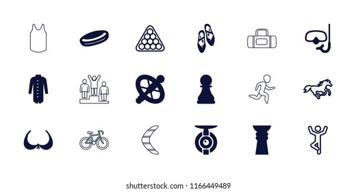 Sport icon. collection of 18 sport filled and outline icons such as bra, jacket, hockey puck, ballet shoes, snorkel, chess pawn. editable sport icons for web and mobile.