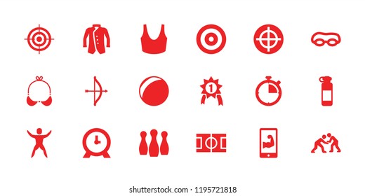 Sport icon. collection of 18 sport filled icons such as jacket, clock, bow, plastic ball, muscular arm  on phone, judo. editable sport icons for web and mobile.