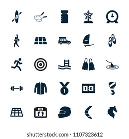 Sport icon. collection of 25 sport filled icons such as horse, jump rope, jacket, clock, dance floor, pool ladder, baseball player. editable sport icons for web and mobile.