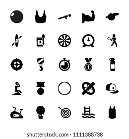 Sport icon. collection of 25 sport filled icons such as target, baseball cap, clock, dart, air balloon, push up, tennis playing. editable sport icons for web and mobile.