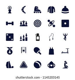Sport icon. collection of 25 sport filled icons such as ball, baby bottle, dice, billiards, jacket, winter hat, ranking, barbell. editable sport icons for web and mobile.