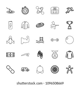 Sport icon. collection of 25 sport outline icons such as sweater, trophy, hockey puck, car, dart, pool ladder, man doing exercises. editable sport icons for web and mobile.