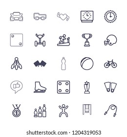 Sport icon. collection of 25 sport outline icons such as dice, ranking, trophy, flippers, plastic ball, skipping rope. editable sport icons for web and mobile.