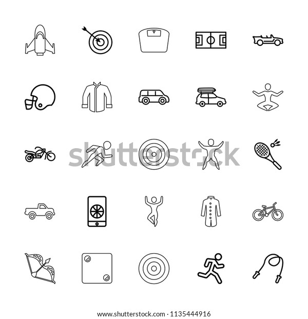 Sport icon. collection of
25 sport outline icons such as target, car, skipping rope, running
man, football pitch, cabriolet. editable sport icons for web and
mobile.