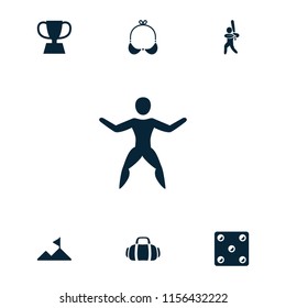 Sport icon. collection of 7 sport filled icons such as baseball player, trophy, mountain, bra, dice. editable sport icons for web and mobile.