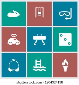 Sport icon. collection of 9 sport filled icons such as torch, jet ski, swimming ladder, bra, dice, swing, fitness equipment, car. editable sport icons for web and mobile.