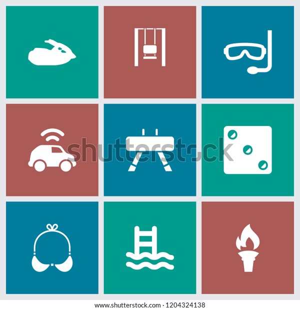Sport icon. collection of
9 sport filled icons such as torch, jet ski, swimming ladder, bra,
dice, swing, fitness equipment, car. editable sport icons for web
and mobile.