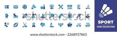 Sport icon collection. Duotone color. Vector illustration. Containing football, football field, volleyball, badminton, bowling, gym station, ball, skii, paddle surf, windsurf, gloves, roller skate.