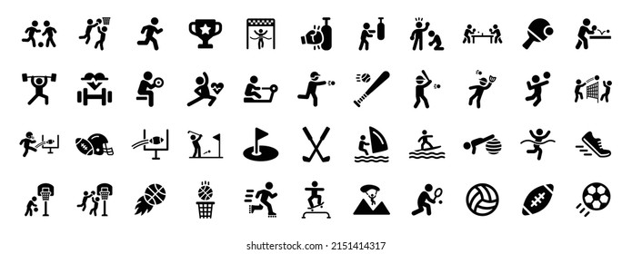 Sport icon collection on black design. Various sports activities such as tennis, hockey, volleyball, football, soccer and boxing icon design. Vector illustration