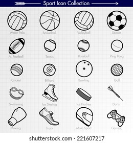 Sport Icon Collection. Outlines. Water Polo, Basketball, Volleyball, Soccer, American Football, Tennis, Baseball, Ping Pong, Cricket, Billiard, Bowling, Golf, Swimming, Running, Moto Sport, Gaming