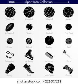 Sport Icon Collection. Silhouettes  Water Polo, Basketball, Volleyball, Soccer, American Football, Tennis, Baseball, Ping Pong, Cricket, Billiard, Bowling, Golf, Swimming, Running, Moto Sport, Gaming