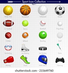 Sport Icon Collection. Water Polo, Basketball, Volleyball, Soccer, American Football, Tennis, Baseball, Ping Pong, Cricket, Billiard, Bowling, Golf, Swimming, Running, Moto Sport, Gaming