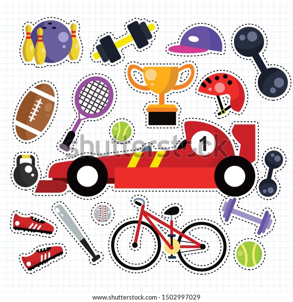 Sport Icon Doodle Sticker Patches Set on\
Isolated White\
Background