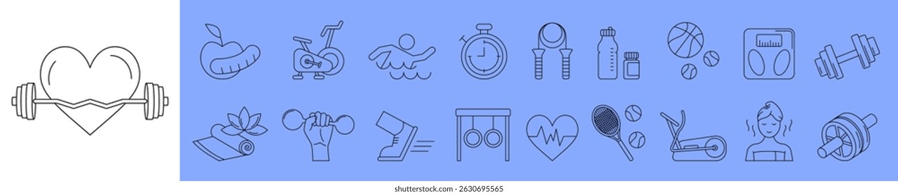 Sport icon. Linear logo of fitness. Physical workout. Athletic exercises. Gym for health. Diet symbol. Yoga wellness. Tennis training. Bike pictogram from thin line. Vector garish fit elements set