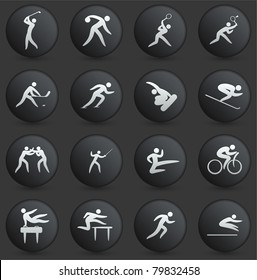 Sport Icon on Round Black and White Button Collection Original Illustration