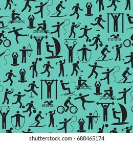 Sport Icon Playing People Black Background Pattern on a Blue for Web or App. Vector illustration